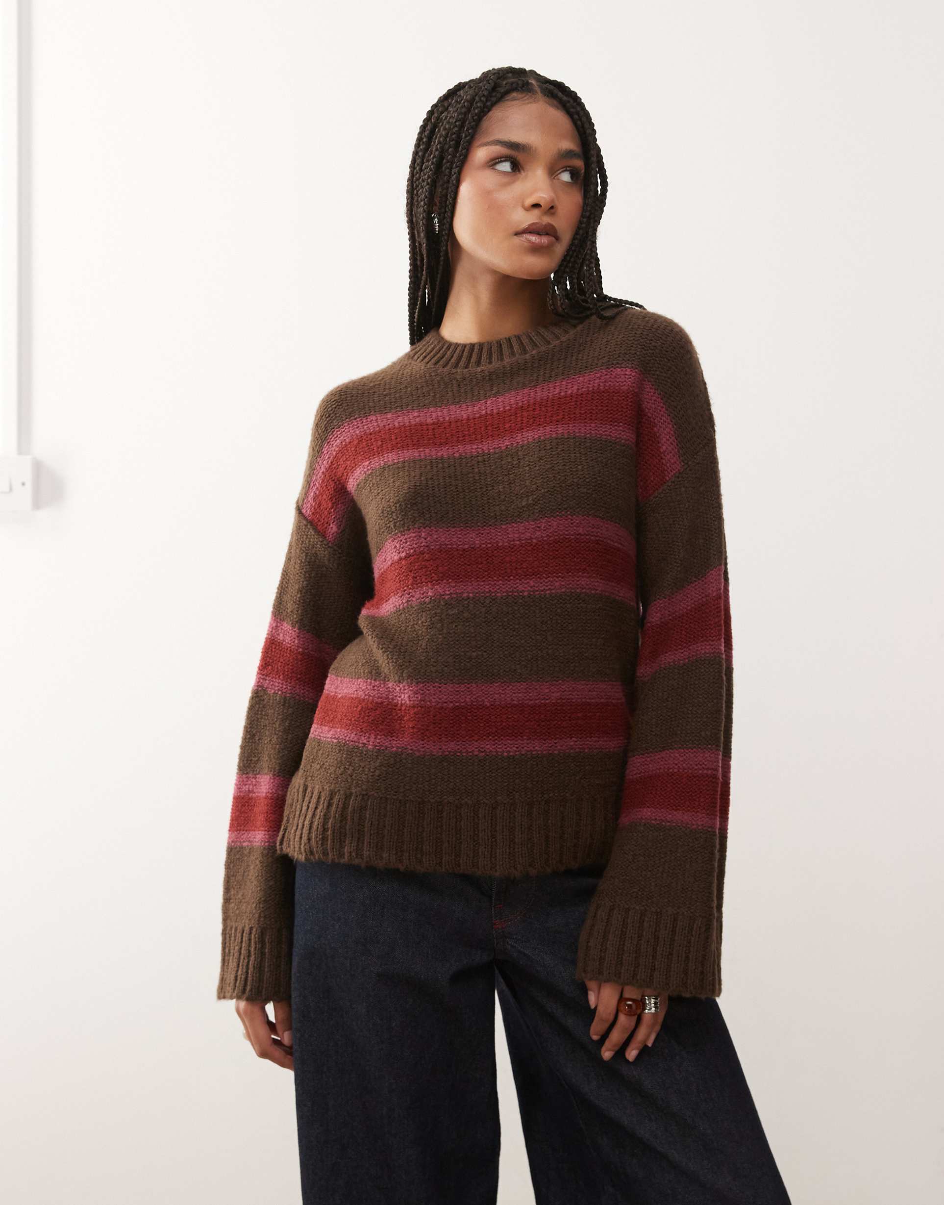 reclaimed vintage clean knit sweater in plum multi stripes