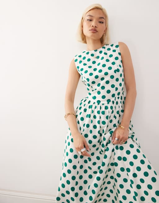 Reclaimed Vintage clean midi dress with fitted bodice and full skirt in dot  print | ASOS