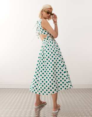 Reclaimed Vintage Reclaimed Vintage clean midi dress with fitted bodice and full skirt in spot print-Multi