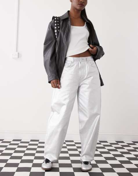 Reclaimed Vintage coated barrel leg jeans in silver - view 1