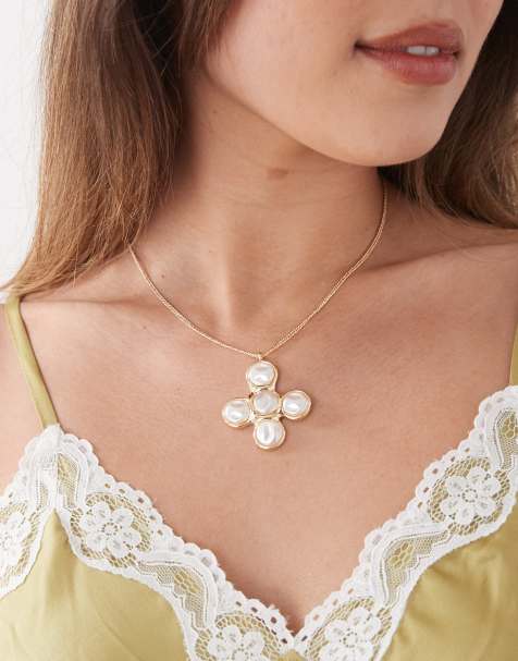 Reclaimed Vintage - Collana color oro con ciondolo in perle a croce - view 1