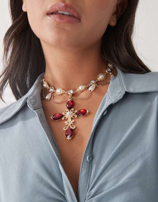 Reclaimed Vintage - Collana dorata con pietre e croce