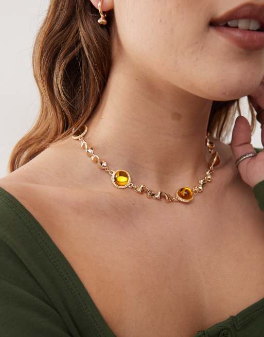 Reclaimed Vintage - Collana dorata con pietre effetto ambra, 3 di 3