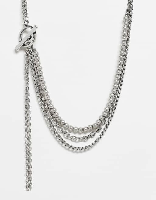 Reclaimed Vintage - Collana lunga unisex argentata con barretta a T