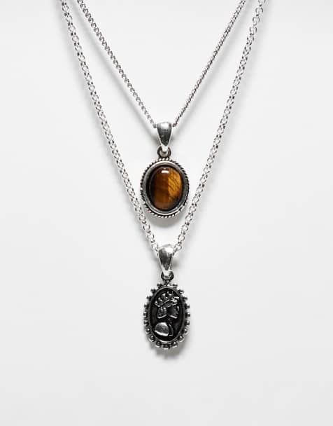 Reclaimed Vintage - Collana unisex a 2 fili color argento con pietra marrone - view 1