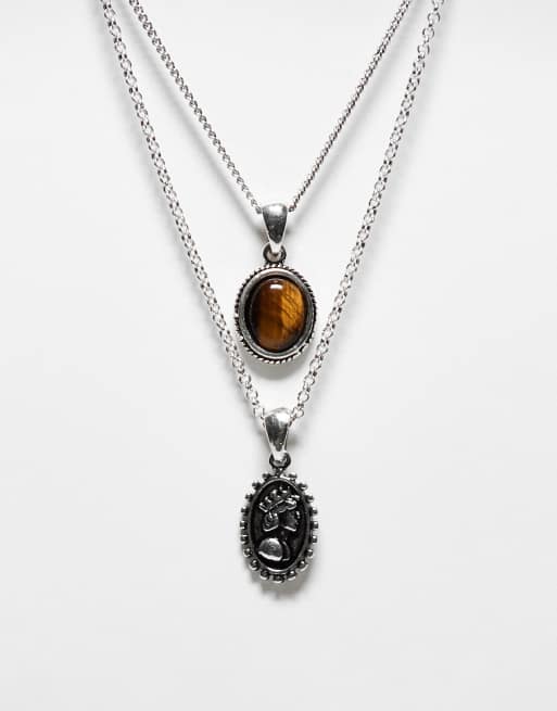 Reclaimed Vintage - Collana unisex a 2 fili color argento con pietra marrone
