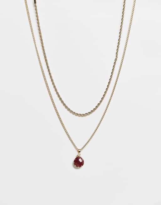 Reclaimed Vintage - Collana unisex a 2 fili dorata con pendente sintetico rosso