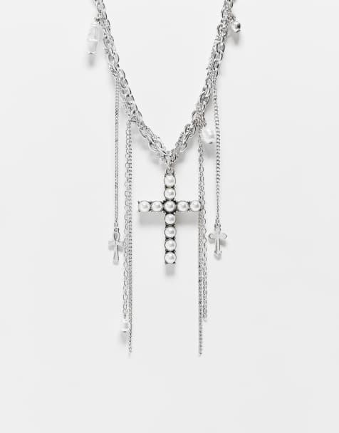 Reclaimed Vintage - Collana unisex a catenina multifilo color argento con croce e perline - view 1