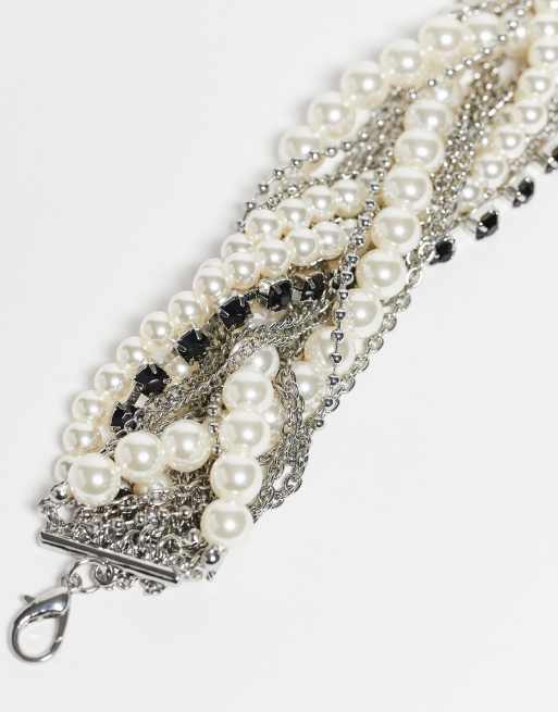 Reclaimed Vintage - Collana unisex a strati con catenina e perle argentata, 2 di 3