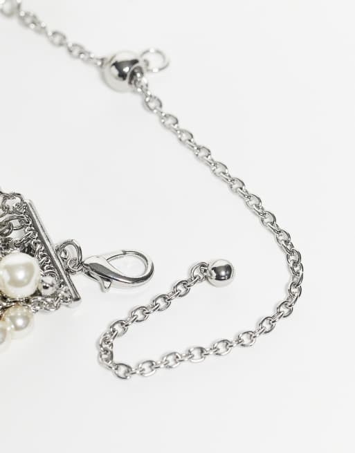 Reclaimed Vintage - Collana unisex a strati con catenina e perle argentata, 3 di 3