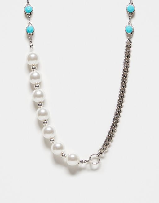 Reclaimed Vintage - Collana unisex argentata con perline e perle