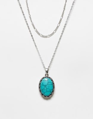 Reclaimed Vintage - Collana unisex color argento a 2 fili con pietra blu