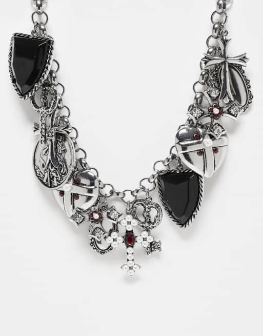 Reclaimed Vintage - Collana unisex con pendenti color argento brunito