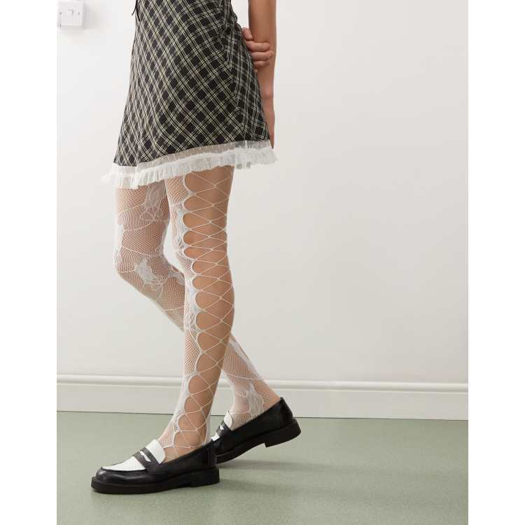 2 Collant Bianchi In Pizzo E Rete Donna - Motivi Fiore E Fiocco - Taglia Unica - 3