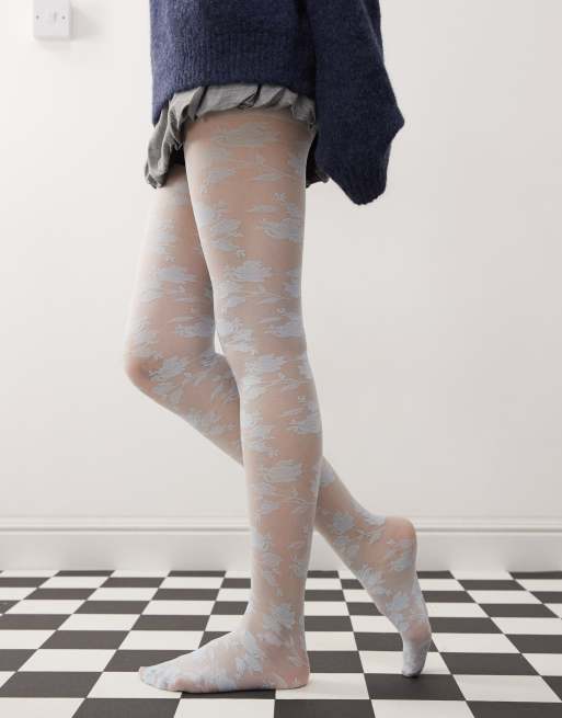 Reclaimed Vintage - Collant blu ghiaccio in pizzo a fiori