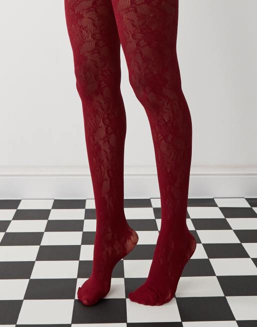 Reclaimed Vintage - Collant rossi in pizzo a fiori, 2 di 4