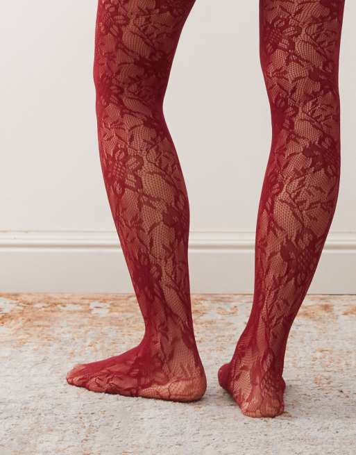 Reclaimed Vintage - Collants en dentelle fleurie - Rouge bordeaux, 2 de 3