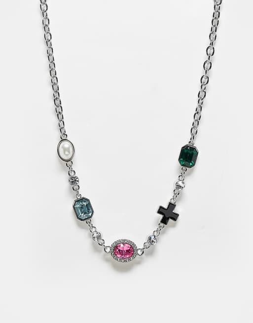 Reclaimed Vintage - Collarino unisex argentato con pietre colorate