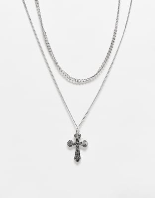 Reclaimed Vintage - Collier 2 rangs unisexe à pendentif croix - Argenté poli