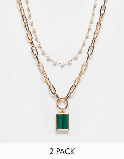 Reclaimed Vintage - Collier 2 rangs unisexe à pendentif émeraude - Doré