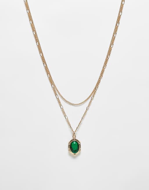 Reclaimed Vintage - Collier 2 rangs unisexe à pendentif émeraude - Doré