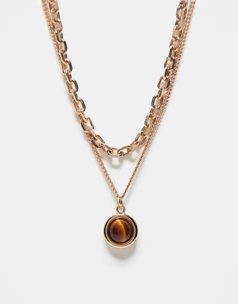 Reclaimed Vintage - Collier 2 rangs unisexe à pendentif œil du tigre - Doré - view 1