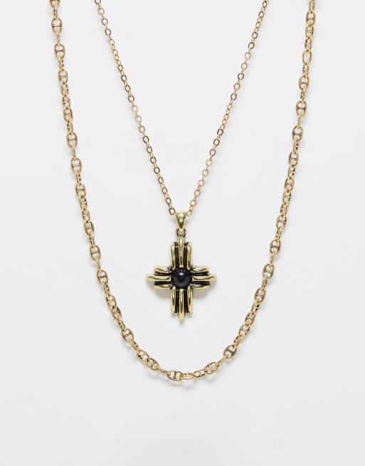 Reclaimed Vintage - Collier à 2 rangs avec croix carrée - Doré vieilli