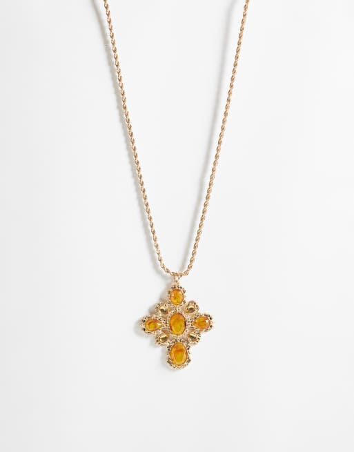 Reclaimed Vintage - Collier avec pendentif croix orné de pierre ton sur ton - Doré