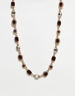 Reclaimed Vintage - Collier chaîne ras de cou unisexe avec pierres fantaisie rouges - Doré