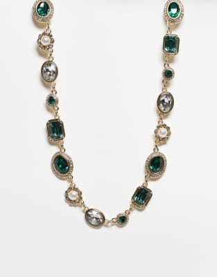 Reclaimed Vintage - Collier chaîne ras de cou unisexe avec pierres fantaisie vertes - Doré