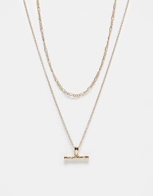Reclaimed Vintage - Collier chaîne unisexe à 2 rangs avec barre en T - Doré