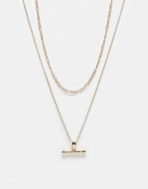 Reclaimed Vintage - Collier chaîne unisexe à 2 rangs avec barre en T - Doré