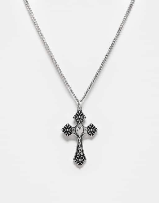 Reclaimed Vintage - Collier chaîne unisexe à pendentif croix orné d'un cœur - Argenté