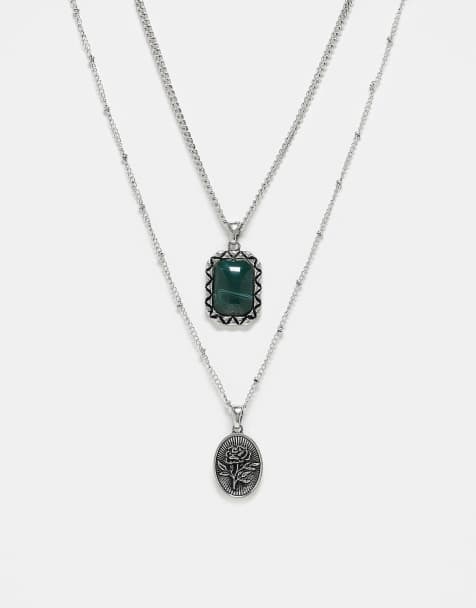 Reclaimed Vintage - Collier chaîne unisexe double rang à pendentif pierre fantaisie verte - Argenté - view 1