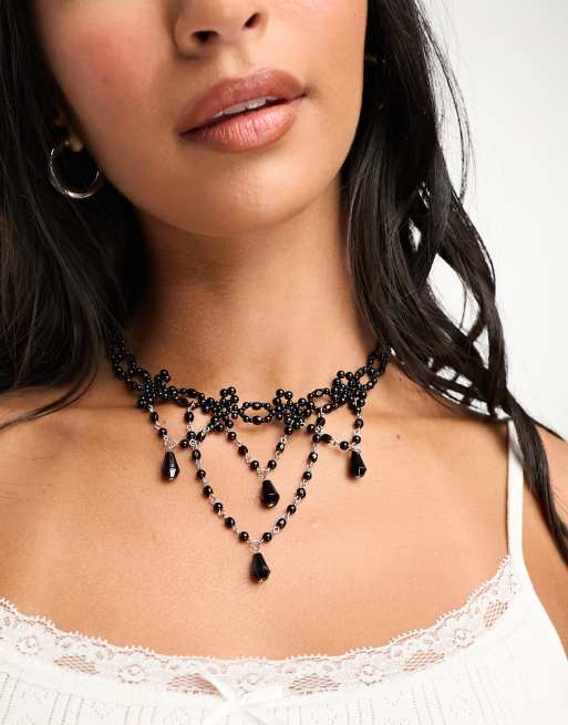 Reclaimed Vintage - Collier de perles avec pendants - Noir 