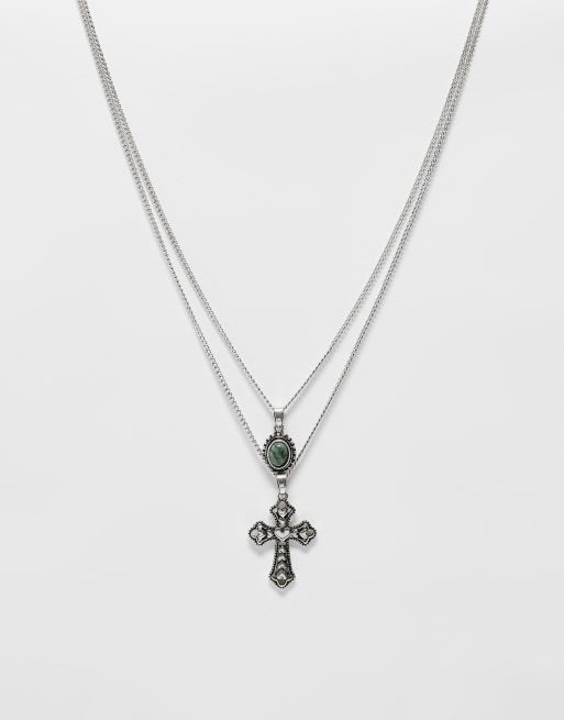 Reclaimed Vintage - Collier double rang unisexe à pendentifs croix, cœur et pierre fantaisie