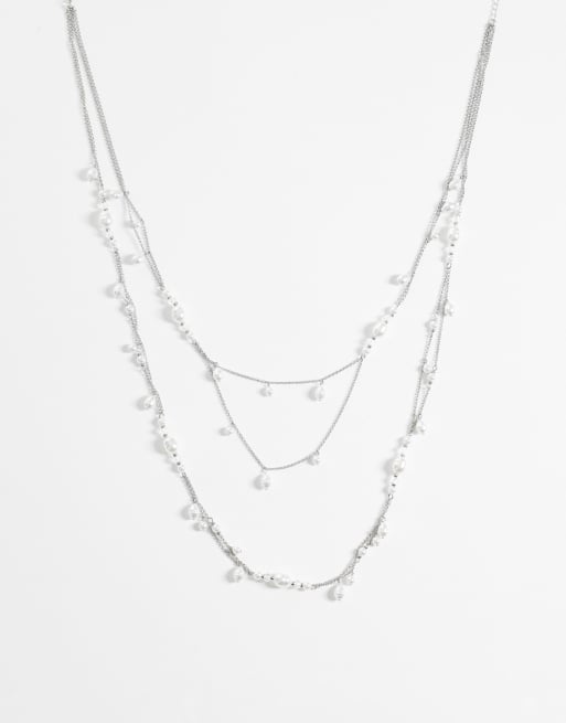 Reclaimed Vintage - Collier long multi-rangs orné de perles - Argenté