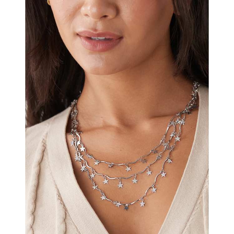 Reclaimed Vintage Collier multi-rangs long à étoiles Argenté