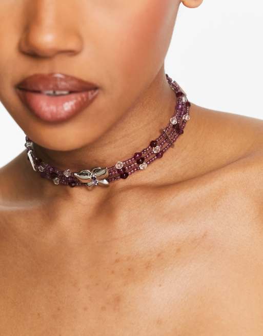 Collier Vintage Métal Avec Rosace Fleur Et Pendentif Perle Mauve - Occasion