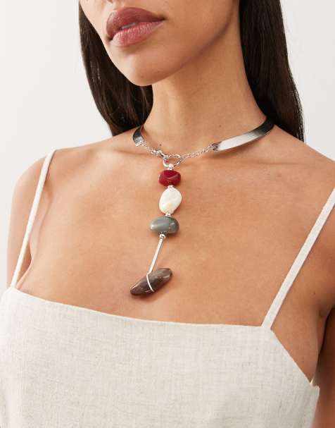Reclaimed Vintage - Collier rigide avec pendentif orné de pierres précieuses - Argenté - view 1