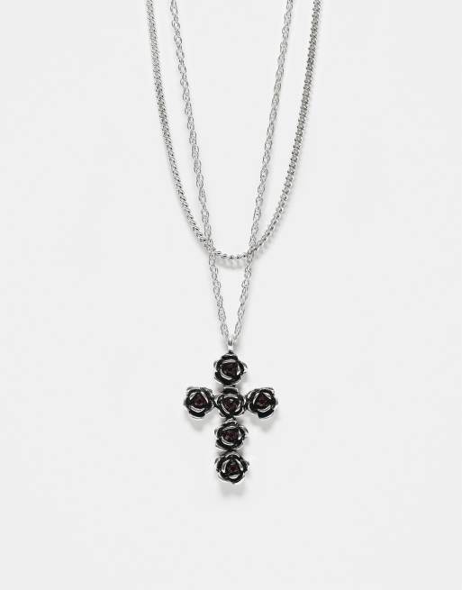Reclaimed Vintage - Collier unisexe 2 rangs avec pendentif croix à roses - Argenté