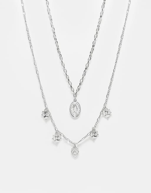Reclaimed Vintage - Collier unisexe 2 rangs avec pendentif pièce de monnaie - Argenté