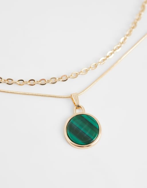 Reclaimed Vintage - Collier unisexe 2 rangs avec pendentif vert - Doré, 3 de 4