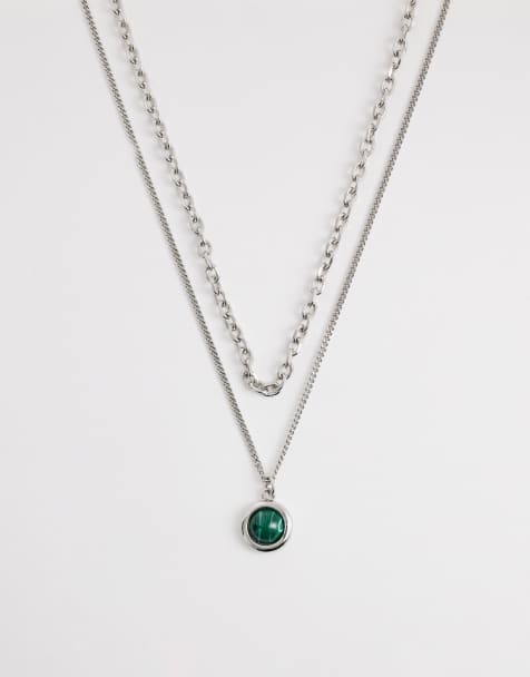 Reclaimed Vintage - Collier unisexe à 2 rangs à pierres vertes - Argenté - view 1