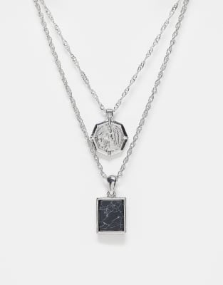 Reclaimed Vintage - Collier unisexe à 2 rangs avec pendentif - Argenté