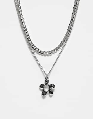 Reclaimed Vintage - Collier unisexe à 2 rangs avec pendentif fleur - Argenté