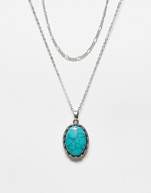 Reclaimed Vintage - Collier unisexe à 2 rangs avec pierre bleue fantaisie - Argenté