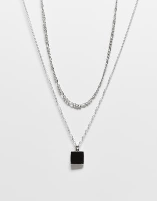 Reclaimed Vintage - Collier unisexe à 2 rangs avec pierre noire fantaisie - Argenté