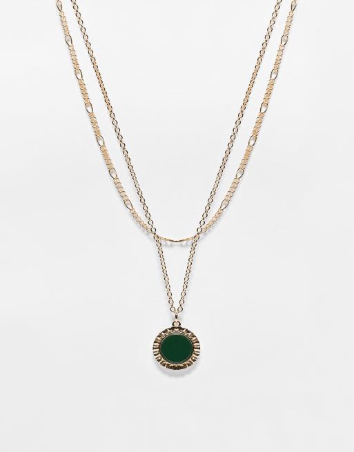 Reclaimed Vintage - Collier unisexe à 2 rangs avec pierre verte - Doré