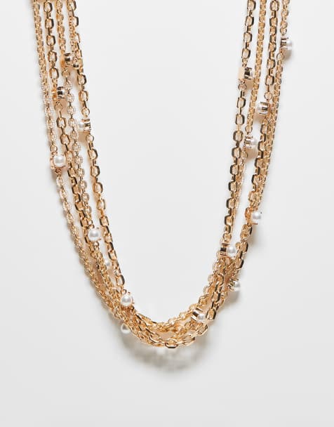 Reclaimed Vintage - Collier unisexe multi-rangs à maillons avec perles nacrées - Doré - view 1